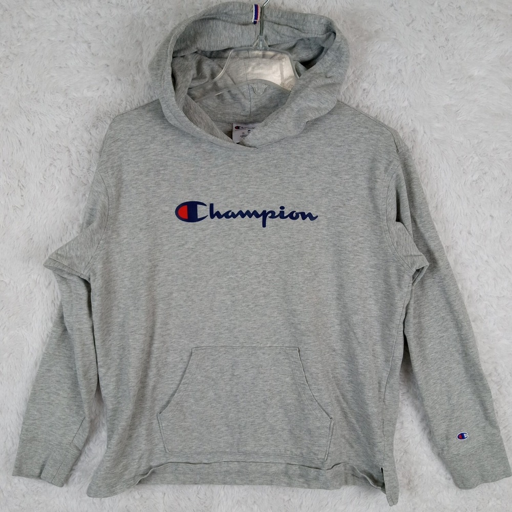 Champion Sweatshirt  Womens Hoodie M Gray Logo Split Hem Kangaroo Pockets Medium